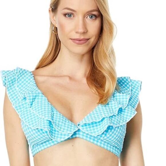 NEW Lilly Pulitzer Aelin Bikini Top in Turquoise oasis crinkle gingham ruffle - Picture 1 of 6
